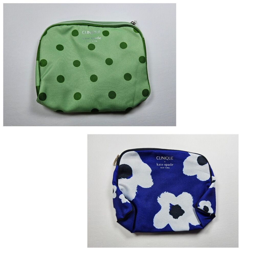 Lot Of 2- Clinique x Kate Spade Green Navy Cosmetic Makeup Bag Zipper Pouch